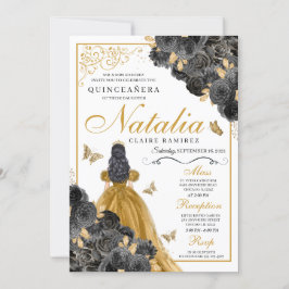 Glittery Gold Rozen Butterfly Princess Quinceañera Kaart