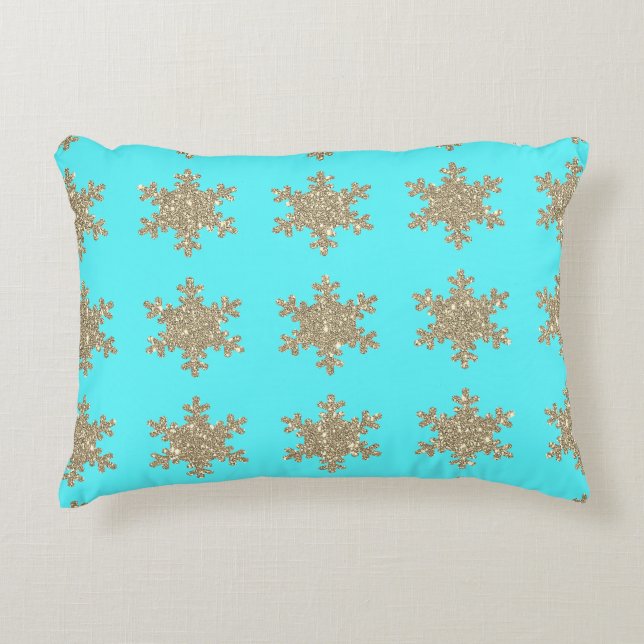 Glittery Gold Snowflakes Patronen Turquoise Blue Accent Kussen (Voorkant)