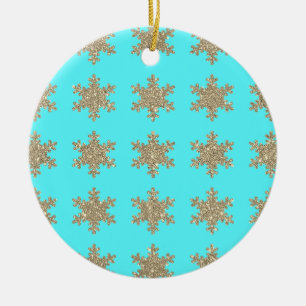 Glittery Gold Snowflakes Patronen Turquoise Blue Keramisch Ornament