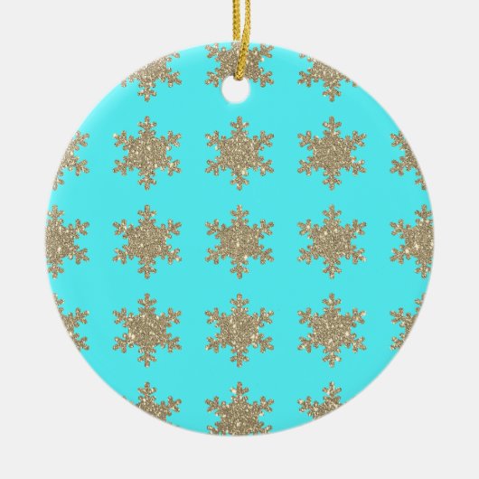 Glittery Gold Snowflakes Patronen Turquoise Blue Keramisch Ornament (Voorkant)