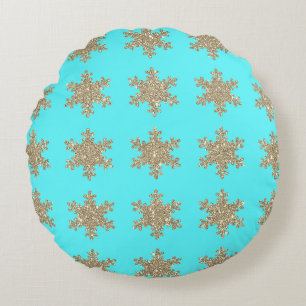 Glittery Gold Snowflakes Patronen Turquoise Blue Rond Kussen