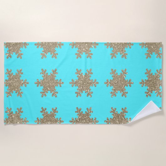 Glittery Gold Snowflakes Patronen Turquoise Cute Strandlaken (Voorkant)