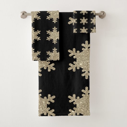 Glittery Gold Snowflakes Pattern Black Cute 2023 Bad Handdoek (Insitu)