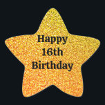 Glittery Gold Sparkle Happy 16th Birthday 2023 Ster Sticker<br><div class="desc">Ontworpen met heldere en kleurrijke glitterige,  geelbruine achtergrond met aangepaste sjabloon voor tekst!</div>