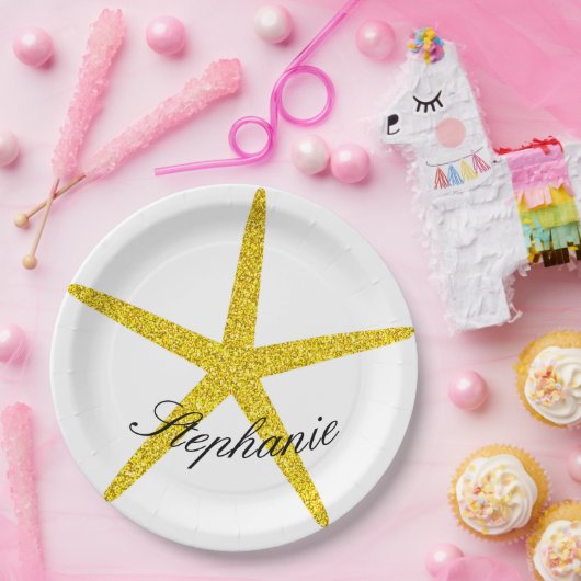 Glittery Gold Starfish Pattern Aangepaste naam sti Papieren Bordje (Feest)