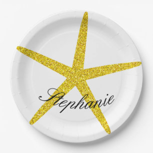 Glittery Gold Starfish Pattern Aangepaste naam sti Papieren Bordje