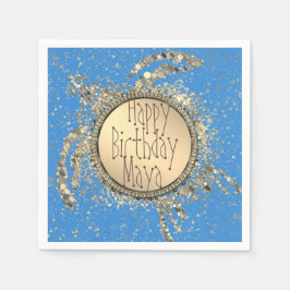 Glittery Gold Turtle on Blue Birthday Servet