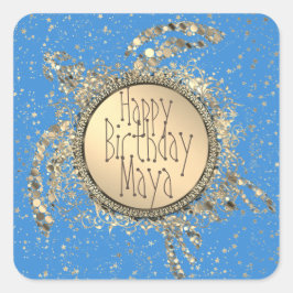 Glittery Gold Turtle on Blue Birthday Vierkante Sticker