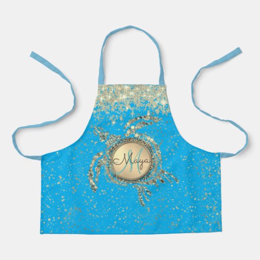 Glittery Gold Turtle on Blue Schort (Voorkant)