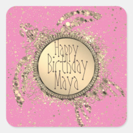 Glittery Gold Turtle on Pink Birthday Vierkante Sticker