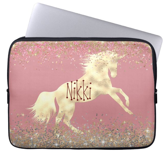 Glittery Gold Unicorn Laptop Sleeve (Voorkant)
