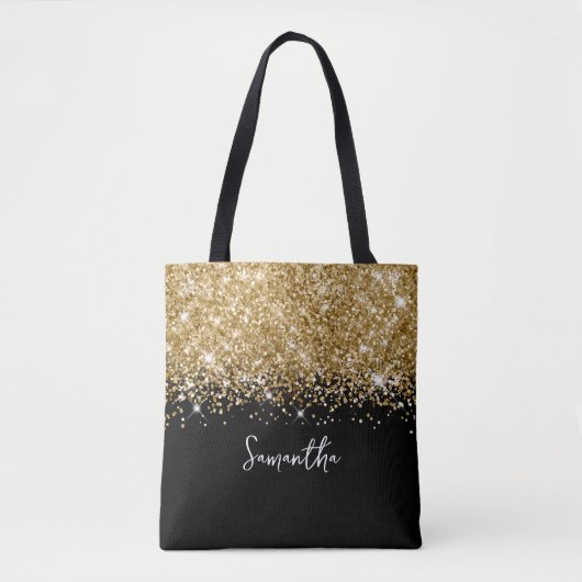Glittery Goud en Zwart Glam Naam Tote Bag (Voorkant)