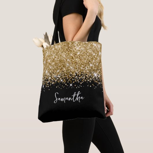 Glittery Goud en Zwart Glam Naam Tote Bag (Dichtbij)