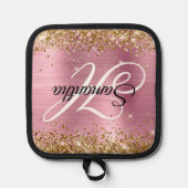 Glittery Goud Licht Roze Folie Fancy Monogram Pannenlap (Voorkant)