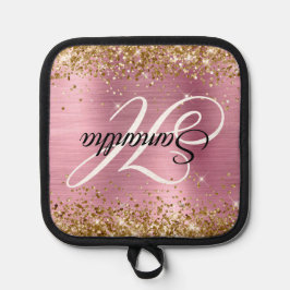 Glittery Goud Licht Roze Folie Fancy Monogram Pannenlap