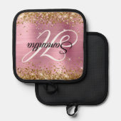 Glittery Goud Licht Roze Folie Fancy Monogram Pannenlap (Voorkant / Achterkant)