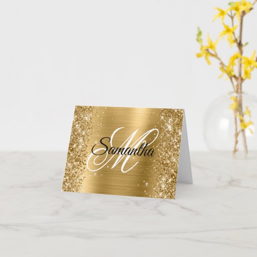 Glittery Goud Metallic Folie Fancy Monogram Kaart (Gele Bloem)