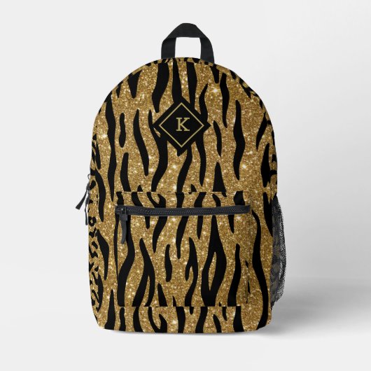 Glittery goud, zwart zebrapatroon monogram bedrukte rugzak (Voorkant)