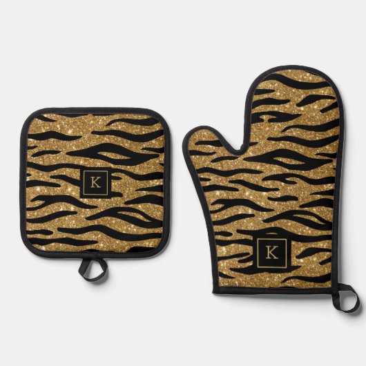 Glittery goud, zwart zebrapatroon monogram ovenwant & pannenlap set (Voorkant)