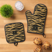 Glittery goud, zwart zebrapatroon monogram ovenwant & pannenlap set (Top down)