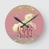 Glittery Gouden Eenhoorn op Pino Gepersonaliseerd Ronde Klok (Voorkant)