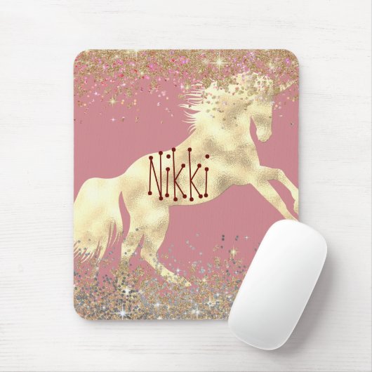 Glittery Gouden Eenhoorn op Roze Gepersonaliseerd Muismat (Met muis)