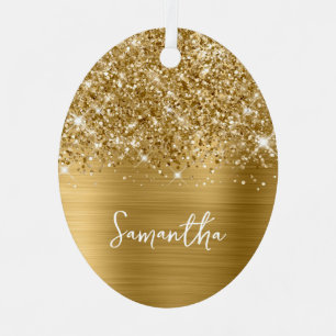 Glittery gouden glam naam ovale foto metalen ornament