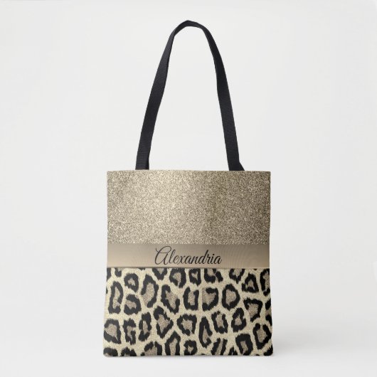 Glittery gouden luipaard print gepersonaliseerd tote bag (Voorkant)