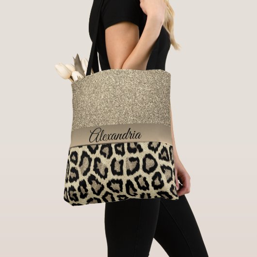 Glittery gouden luipaard print gepersonaliseerd tote bag (Dichtbij)