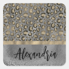 Glittery gouden luipaard print op grijs gepersonal vierkante sticker