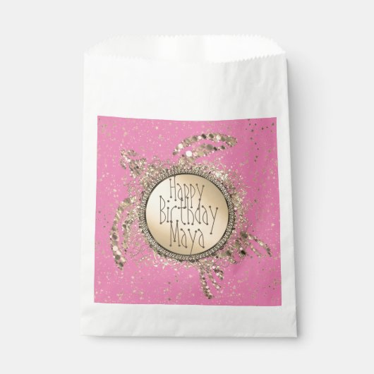 Glittery gouden schildpad op roze verjaardag geper bedankzakje (Voorkant)