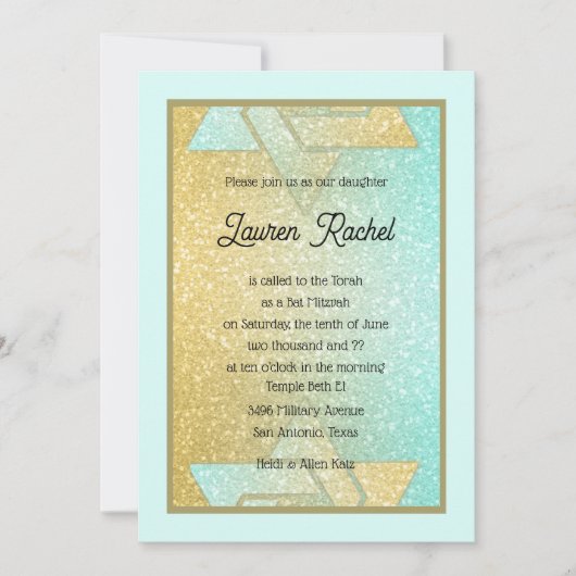 Glittery Gradient Bat Mitzvah Aqua Gold Invitation Kaart (Voorkant)