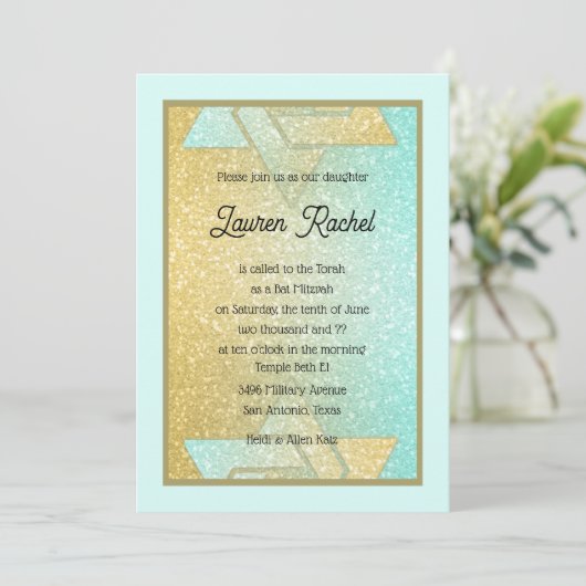 Glittery Gradient Bat Mitzvah Aqua Gold Invitation Kaart (Staand voorkant)
