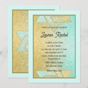 Glittery Gradient Bat Mitzvah Aqua Gold Invitation Kaart
