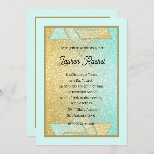 Glittery Gradient Bat Mitzvah Aqua Gold Invitation Kaart (Voorkant / Achterkant)