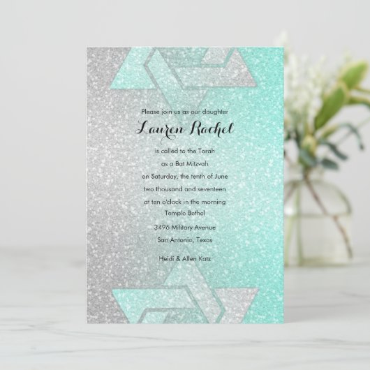 Glittery Gradient Bat Mitzvah Aqua Kaart (Staand voorkant)