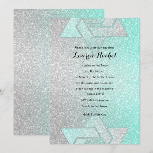 Glittery Gradient Bat Mitzvah Aqua Kaart (Voorkant / Achterkant)