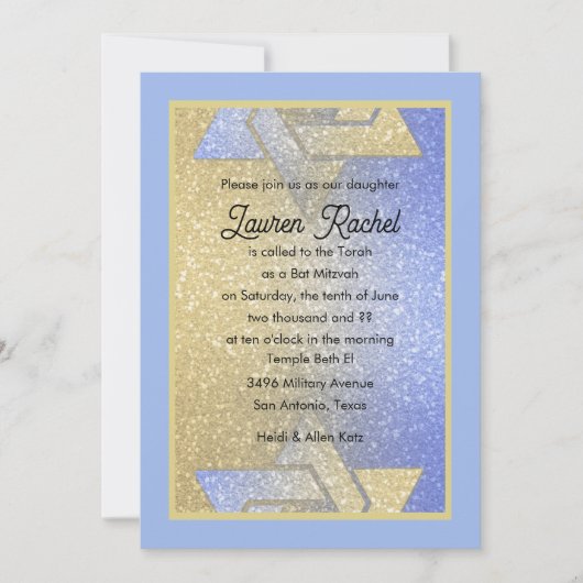 Glittery Gradient Bat Mitzvah Blue Invitation Kaart (Voorkant)