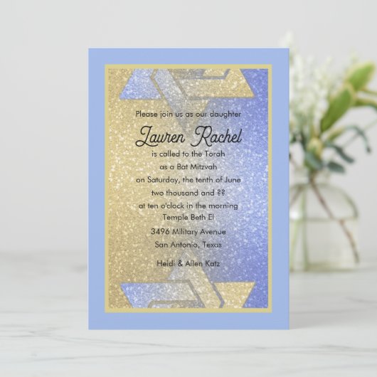 Glittery Gradient Bat Mitzvah Blue Invitation Kaart (Staand voorkant)