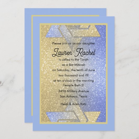 Glittery Gradient Bat Mitzvah Blue Invitation Kaart (Voorkant / Achterkant)