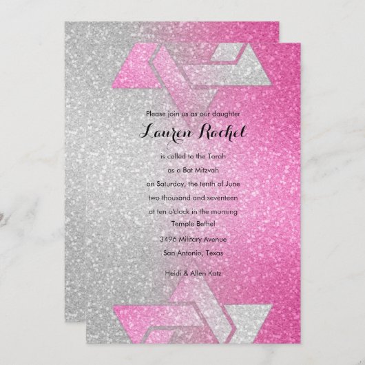Glittery Gradient Bat Mitzvah Hot Pink Kaart (Voorkant / Achterkant)