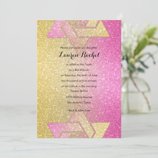 Glittery Gradient Bat Mitzvah Hot Pink Kaart (Staand voorkant)
