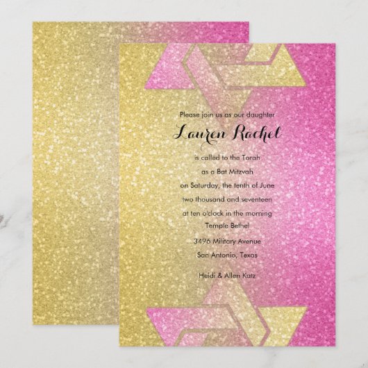 Glittery Gradient Bat Mitzvah Hot Pink Kaart (Voorkant / Achterkant)