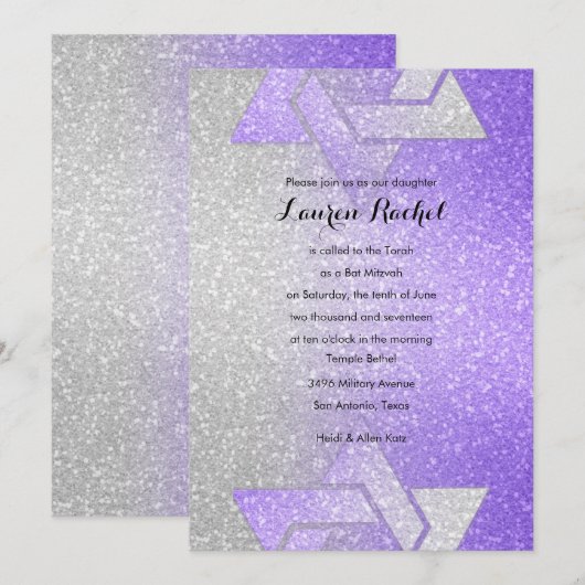 Glittery Gradient Bat Mitzvah Paars Kaart (Voorkant / Achterkant)