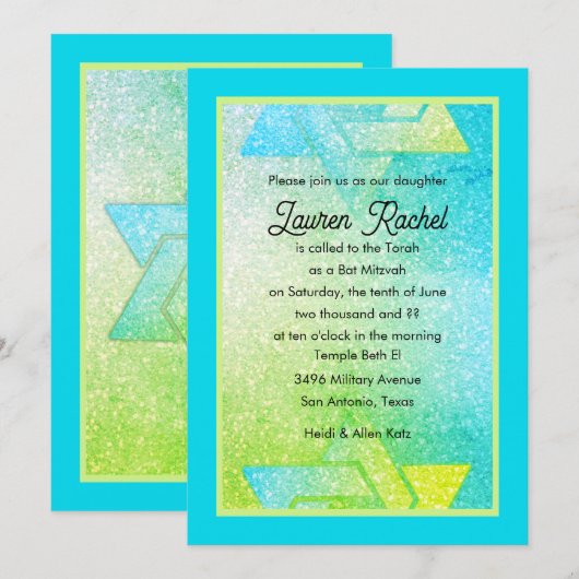 Glittery Gradient Bat Mitzvah Turquoise Limoen Inv Kaart (Voorkant / Achterkant)