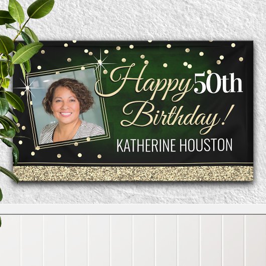 Glittery Green en Gold Happy Birthday-banner Spandoek