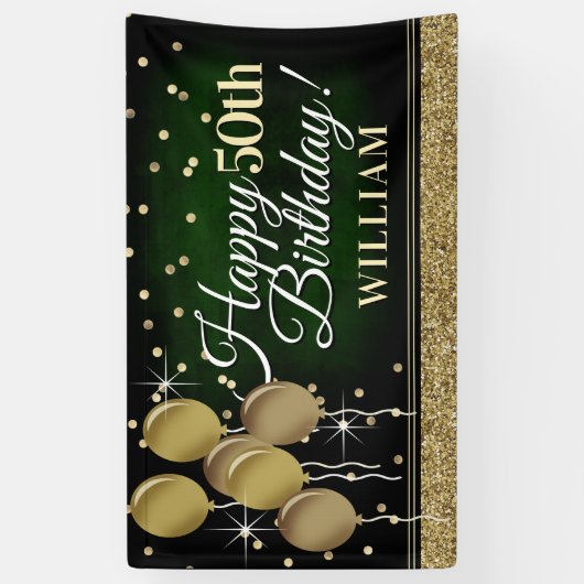 Glittery Green en Gold Happy Birthday-banner Spandoek (Verticaal)