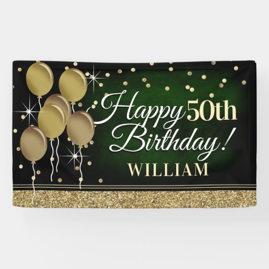Glittery Green en Gold Happy Birthday-banner Spandoek (Horizontaal)
