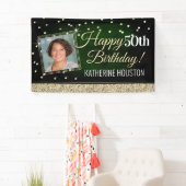 Glittery Green en Gold Happy Birthday-banner Spandoek (Insitu)