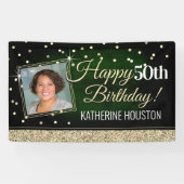Glittery Green en Gold Happy Birthday-banner Spandoek (Horizontaal)
